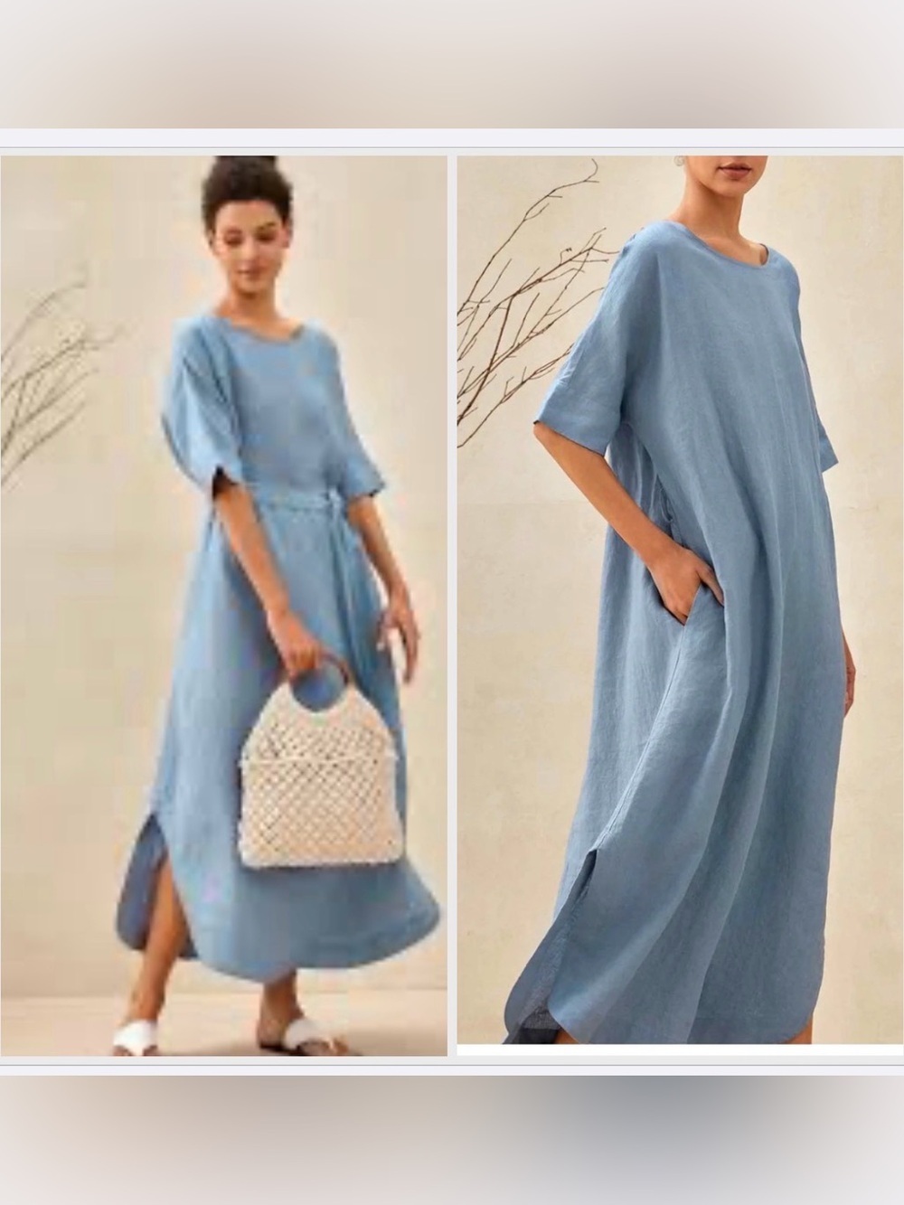 Lintico kimono maxi Dress powder Blue 100% Linen‎ Minimalist Lagenlook M belted